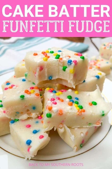 This cake batter fudge or funfetti fudge recipe is going to become a favorite because it is super easy to make and only requires a few ingredients. Just throw the sweetened condensed milk, butter, white chocolate chips, vanilla, and white cake mix into a saucepan and melt it. The simple recipe is perfect for parties, the Thanksgiving and Christmas holidays, or any time of year. Plus, the added cake mix ingredient gives this homemade fudge a fun flavor. Coconut Bon Bons Recipe, Funfetti Fudge, Coconut Crunch, Cake Batter Fudge, Bon Bons Recipe, Cake Mix Ingredients, White Chocolate Fudge, Fudge Recipes Chocolate, Homemade Fudge