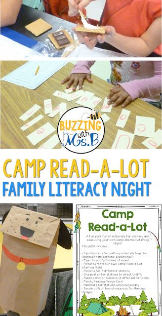 Get ideas for planning your next family literacy night event in a fun camping theme. Make and take stations are easy to create and fun for parents and kids! This event is always a hit! #familyliteracynight Reading Night Activities, Literacy Night Themes, Family Literacy Night Activities, Literacy Night Activities, Family Literacy Night, Curriculum Night, Camp Read, Reading Night, Family Involvement