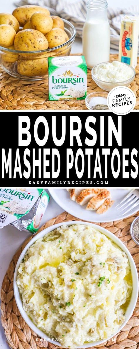 These Boursin mashed potatoes are the fluffiest, creamiest mashed potatoes of all time. They're made with Yukon gold potatoes blended with garlic herb Boursin cheese, parmesan, butter, salt, and pepper for the perfect amount of cheesiness and the best flavor. Whip these potatoes up in no time and pair them with any of your favorite classic entrees! Just 10 minutes to prep and 7 simple ingredients needed. Boursin Cheese Mashed Potatoes, Boursin Brown Butter Mashed Potatoes, Whipped Mashed Potatoes Recipe, Boursin Mashed Potatoes Recipe, Mashed Potatoes Recipe Cheesy, Recipes Using Boursin Cheese, Boursin Potatoes, Flavored Mashed Potatoes, Boursin Mashed Potatoes