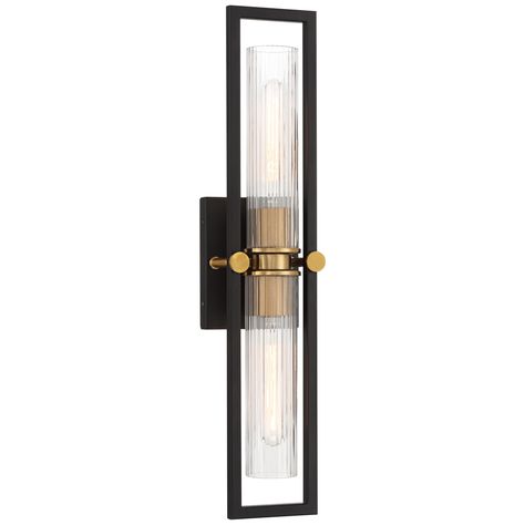 Blending hints of Art Deco, industrial, and contemporary style, this modern wall sconce is the creation of Stiffel, exclusively for Lamps Plus. It features a rectangular wall plate echoed in an open frame, within which sits a clear, ribbed glass shade. A brass accent finish softens the look with warmth, creating a piece that instantly elevates surrounding decor. Brass And Black Sconces, Gold And Black Wall Sconces, Stair Wall Sconces, Vintage Wall Sconces Bathroom, Bathroom Lighting Above Mirror, Entryway Sconces Ideas, Brass And Black Light Fixtures, Black Sconces Bathroom, Modern Farmhouse Lights