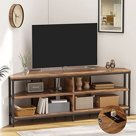 Corner Mounted Tv Living Room, Corner Mounted Tv, Industrial Tv Console, Corner Entertainment Center, 60 Inch Tv, Tv Corner, Corner Tv Stands, Tv Console Table, Corner Tv Stand