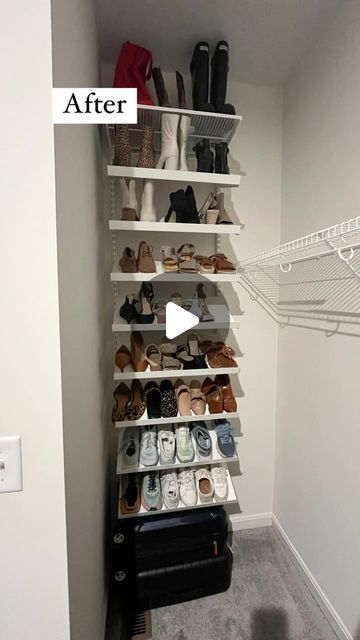 Sarah Belle | DIY & Home on Instagram: "Before < After 👟 One of my favorite easy projects, I transformed a blank wall in our closet into shoe storage using @thecontainerstore ‘s easy elfa hang solution! 

I one day want to customize this entire room to maximize space, but this elfa storage is perfect for fitting my needs immediately. Plus it’s 30% off right now! 

#closetorganization #shoestorage #thecontainerstore #elfa #elfacloset #diy #containerstore" Diy Angled Shoe Rack, Small Shoe Cupboard Ideas, Diy Wall Shoe Rack, Diy Wall Shoe Storage, Diy Shoe Organizer, Shoe Storage Diy, Easy Shoe Storage, Garage Shoe Rack, Ikea Shoe Rack