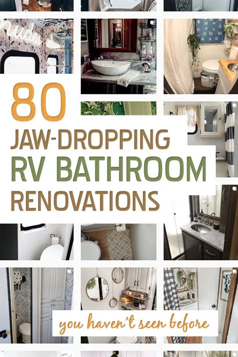 Camper Trailer Bathroom Remodel, Renovated Rv Bathroom, Remodeled Rv Bathrooms, Motorhome Remodel Before And After, Redo Rv Bathroom, Rv Over The Toilet Storage, Bathroom Camper Remodel, Rv Bathroom Wallpaper Ideas, Diy Rv Shower Ideas