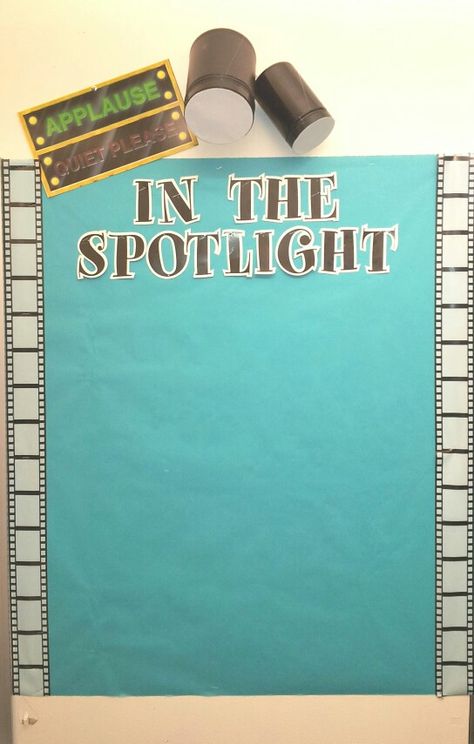 This is my bulletin board to feature the star of the week. Students will create their own brag board to hang in the spotlight. I used old protein canisters to create the spotlights. Student Of The Week Ideas, Spotlight Bulletin Board, Employee Appreciation Board, Hollywood Classroom, Hollywood Theme Classroom, Work Bulletin Boards, Brag Board, Student Of The Week, Student Of The Month