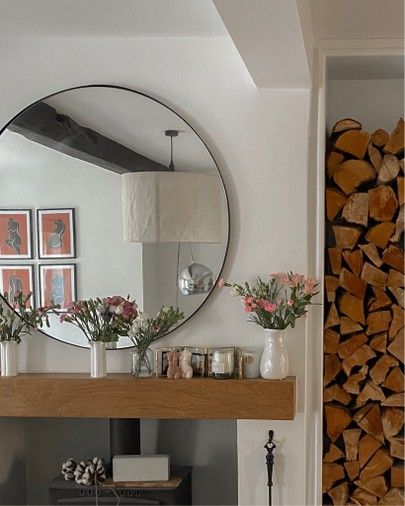 Autumn home Decor - Log Store #LogStore #AutumnDecor #AutumnhomeDecor #HomeDecor Round Mirror Above Fireplace, Mirror Above Fireplace, Large Round Mirror, Log Store, Autumn Home Decor, Apartment Inspiration, Round Mirror, Living Room Inspo, Home Room Design