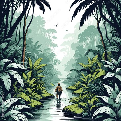 Tranquil Jungle Exploration Illustration Paddington Poster, Exotic Drawing, Exploration Illustration, Rainforest Illustration, Jungle Drawing, Ideas Background, Jungle Tree, Inktober 2024, Jungle Illustration