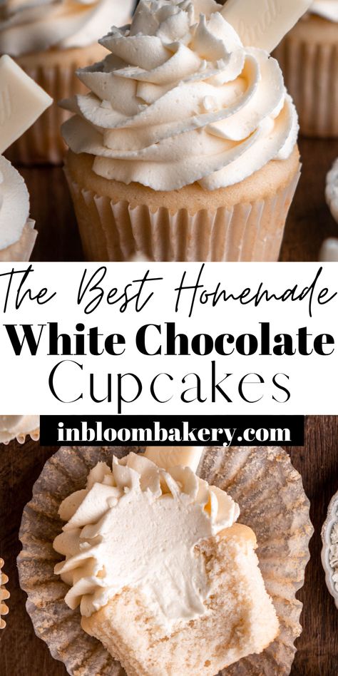 White Chocolate Filled Cupcakes, White Chocolate Cupcake Filling, White Mocha Cupcakes, White Cupcakes With Filling, White Filled Cupcakes, Tasty Cupcakes Recipes, Vanilla Cupcake With Filling, White Cupcake Flavors, White Chocolate Mocha Cupcakes