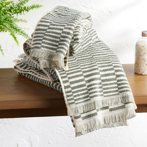 Mindee Laurel Green and Ivory Check Towel Collection - World Market Green Towels Bathroom, Towels In Bathroom Decorative, Pottery Barn Bathroom, Green Bath Towels, Laurel Green, Buckhead Atlanta, Green Towels, Hand Towels Bathroom, Boys Bathroom