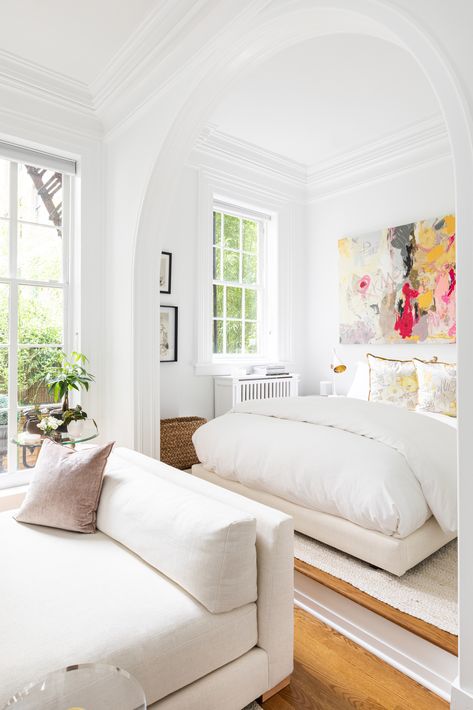 Monochrome Bedroom With Pop Of Color, White Apartment With Pops Of Color, Minimalist Bedroom With Pops Of Color, All White Bedroom With Pops Of Color, Home With Pops Of Color, Bedroom With Pops Of Color, Bedroom With Pop Of Color, La Apartment, West Village Townhouse