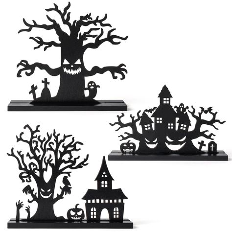 PRICES MAY VARY. Exciting Quantity and Style: You will get 3 silhouette tree centerpieces in different styles, plenty of styles and quantities to meet your Halloween decorating needs. Reliable Material: Our sketch haunted house table toppers are made of sturdy wood that does not warp or break easily and can be used for a long time. Detachable: The base and the sign are separate and need to be assembled by you before use (No need to use force to assemble, just put it on gently). When you don't ne Halloween Silhouettes Templates, Cricut Halloween Decorations, Engraver Projects, Sketch Horror, Haunted House Silhouette, Christmas Silhouettes, Pumpkin Boo, Silhouette Tree, Horror Pumpkin