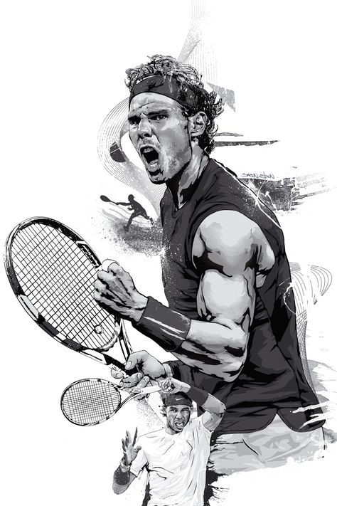 This Rafael Nadal poster art print is a unique illustration. The ideal interior wall art decor gift for tennis and sports fans. #nadalposterart #sportsposterdesign #tennisartillustration #sportsillustrator #freelanceillustrator #London Sports Sketch, Magazine Sketch, Tennis Illustration, Sports Illustrations Art, Tennis Artwork, Tennis Rafael Nadal, Tennis Poster, Sports Illustration, Messi Poster