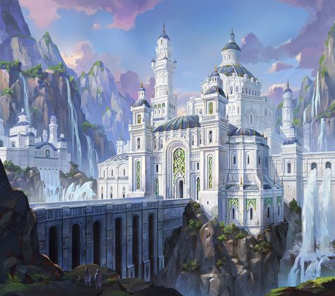 ArtStation - white castle, Ji Young Joo Doranelle Aesthetic, High Elf Architecture, City In Sky Concept Art, Orynth Castle, Elf Architecture, Elf Castle, Elf Kingdom, Blue Kingdom, City In The Mountains