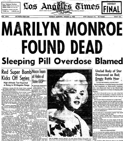 RetroNewsNow on Twitter: "On August 5, 1962, 36-year-old Marilyn Monroe was found dead in her Los Angeles home https://t.co/ismnpWc0RM" / X Marilyn Monroe Newspaper, Marilyn Monroe Fan Art, Marilyn Monroe Poster, Marilyn Monroe Photos, Norma Jean, Norma Jeane, Los Angeles Homes, Rare Photos, Black Aesthetic