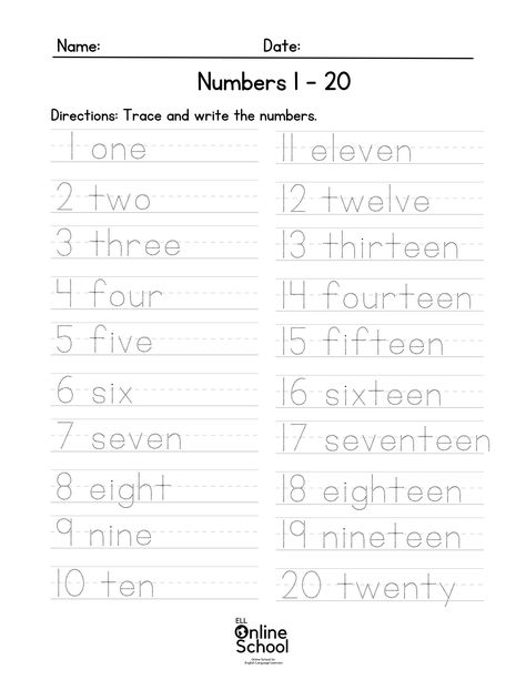 K-12 Teacher created worksheet to help practice writing and spelling numbers from 1 to 20. Great practice tool for students to learn to identify and spell numbers correctly. Ideal for kindergarten through 3rd grade. Can also be used for English Language Learners as well as for students needing extra support with number recognition, writing and spelling. Kindergarten And 1st Grade Activities, Numbers Practice Worksheets, Writing Practice For Kindergarten, Number 1 To 20 Worksheets, 1 20 Number Worksheet, Number 1-20 Worksheets, Worksheet Numbers 1-20, Write Numbers In Words Worksheet, Numbers From 1 To 20 Worksheets