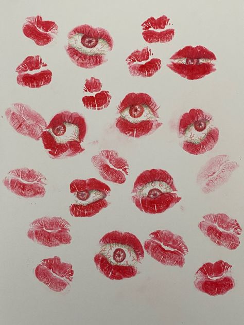 lipstick stains are transformed into eyes using watercolour pencils of red green and yellow Lipstick Stain Drawing, Yellow Lipstick, Watercolour Pencils, Lipstick Stain, Red Eye, Watercolor Pencils, Red And Yellow, Red Eyes, Green And Yellow