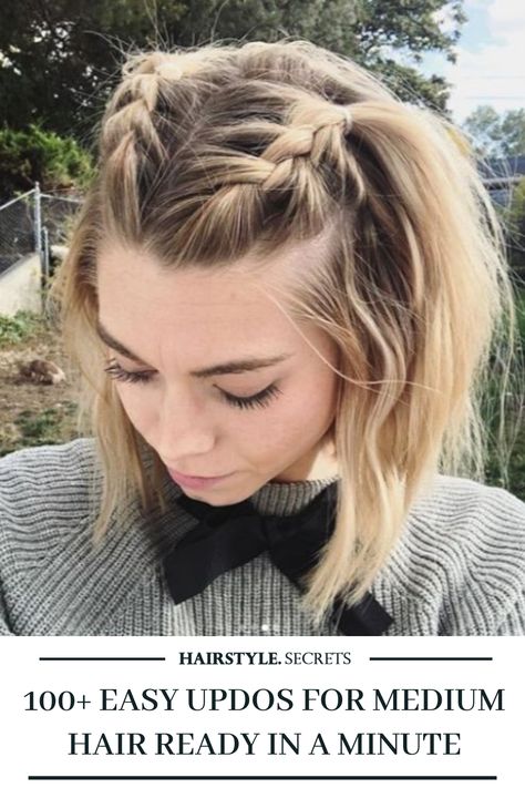 If you are a little more advanced with your braiding skills, try to make some side French braids on the top of the head. Check out this list and discover more updos for medium hair. #braidedhairstyle #Frenchbraids #sidebraids #mediumhairstyle #updo #mediumupdo #hairstylesecrets Cowboy Copper, Easy Updos For Medium Hair, Medium Hair Braids, Side French Braids, Mom Cut, Top Braid, Up Dos For Prom, Up Dos For Medium Hair, Easy Updos