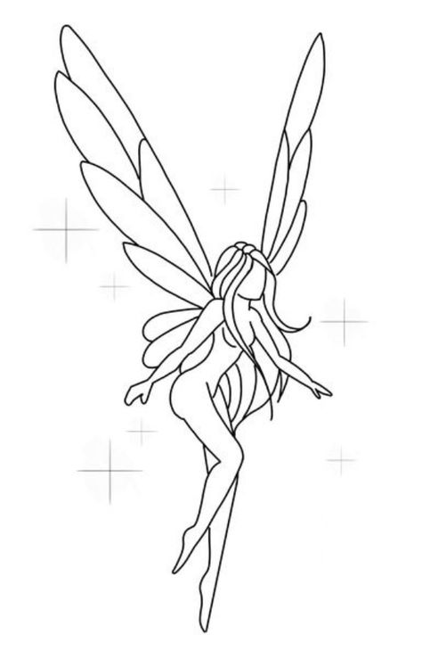 Fairy Witch Drawing, Fairy Wings Tattoo Stencil, Easy To Draw Fairy, Fairy Flying Drawing, Easy Linework Tattoo, Tiny Fairy Drawing, Fairy Base Drawing, Small Fairy Tattoos Simple, Fairy Outline Tattoo