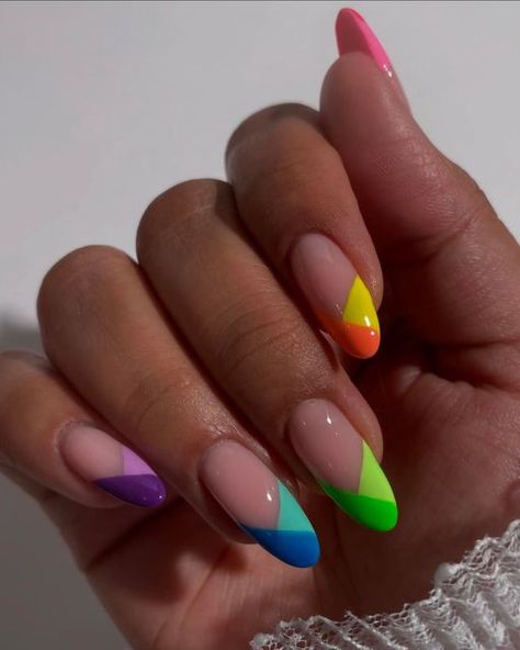 nailsbyush on Instagram: "Posting stills for this rainbow lazy french nails I did yesterday.   Created using all @cirquecolors neons 🫶🏻✨  #rainbownails #pridenails #rainbownailart #summernails #nailinspo bright nails, almond nails, nail art tutorial, colorful nails" Colourful Nail Tips, Rainbow Nails French Tip, Bright Nails Almond, Rainbow French Tip Nails, Almond Nails Nail Art, Seashell Nails, Neon Acrylic Nails, Rainbow Nail Art, Instagram Posting