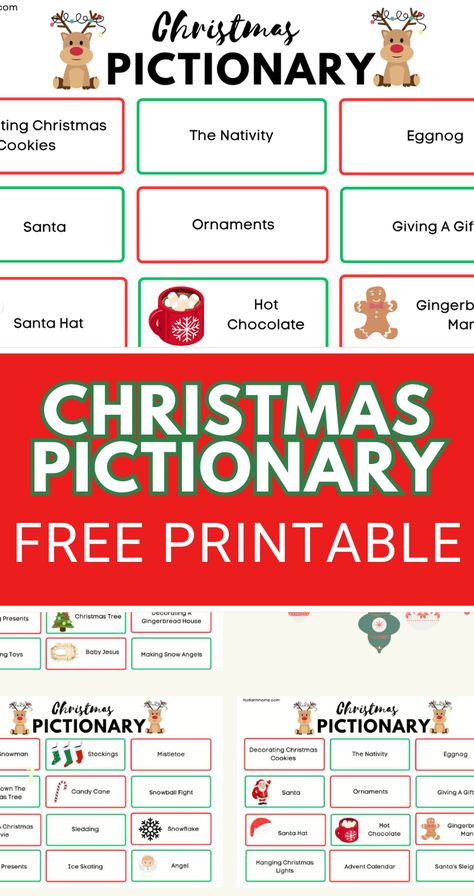 Christmas Pictionary is a fun Christmas party game!  Our free printable cards make it an easy game to play and prepare for the holiday season!  Plus the pictures make it a great Christmas activity for kids! What’s In The Christmas Stocking Game, Pictionary Christmas Free Printable, Free Christmas Pictionary Printable, Free Pictionary Cards, Kids Party Christmas Games, Winter Pictionary For Kids, Fun Christmas Games For Family Free Printable, Christmas Password Game, Holiday Pictionary Free Printable