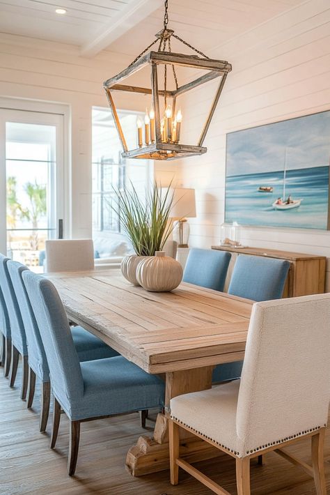 "🌊🍽️ Transform your dining space with Coastal Dining Room Decor! Think light, breezy vibes with nautical accents, driftwood, and soft blues. Perfect for a relaxing, beach-inspired meal at home. 🐚🌴 #CoastalDecor #DiningRoomDesign #BeachStyle" Sunroom Coastal Decor, Bright And Airy Dining Room, Coastal Dining Nook, Coastal Farmhouse Dining Chairs, Beach Style Dining Room, White Coastal Dining Table, Modern Coastal Farmhouse Dining Room, Contemporary Coastal Dining Room, Blue Coastal Dining Room