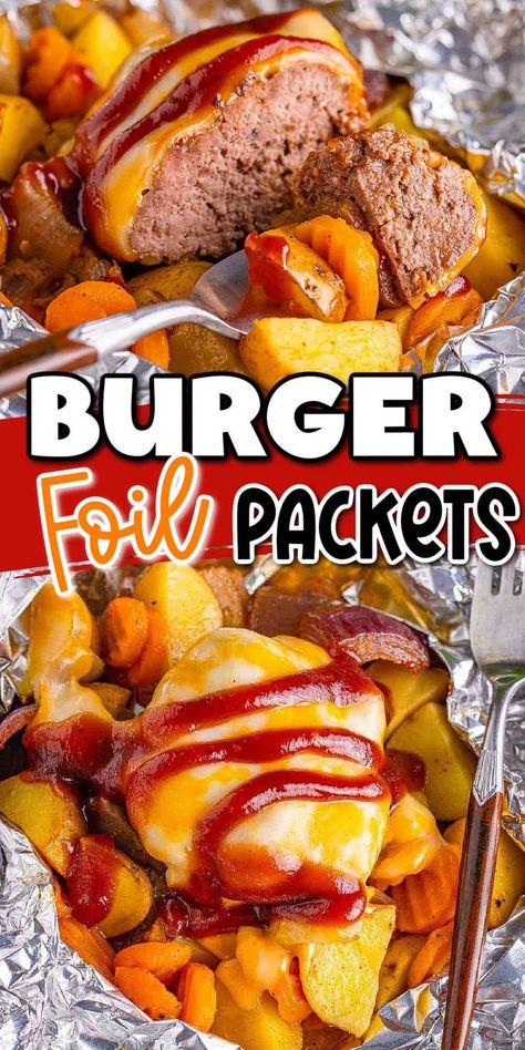 Hamburger Packets, Burger Foil Packs, Dinner Foil Packets, Hobo Packets, Oven Burgers, Burger Dinner, Easy Summer Grilling Recipes, Foil Meals, Meaty Meals