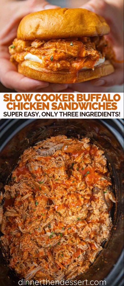 Slow Cooker Buffalo Chicken Sandwiches are an easy dinner or party food made with just three ingredients, piled on brioche buns with cream cheese. #buffalochicken #slowcooker #crockpot #chicken #3ingredient #easyrecipes #dinnerthendessert Slow Cooker Buffalo Chicken, Crockpot Buffalo Chicken, Dinner Then Dessert, Buffalo Chicken Sandwiches, Chicken Sandwiches, Crockpot Recipes Beef, Christmas Food Dinner, Brioche Buns, Crockpot Recipes Slow Cooker