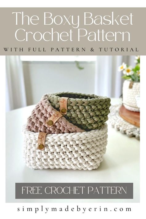 Learn how to crochet a square crochet nesting basket with this free and easy crochet pattern, The Boxy Basket, on The Simply Made by Erin Blog. The pattern includes written and video instructions and is made with super chunky yarn. Square Crochet Basket Pattern, Square Crochet Basket, Crochet Storage Baskets Free Pattern, Crochet Storage Baskets Free, Crochet A Square, Diy Crochet Basket, Chunky Yarn Crochet Pattern, Chunky Yarn Crochet, Scrap Yarn Crochet