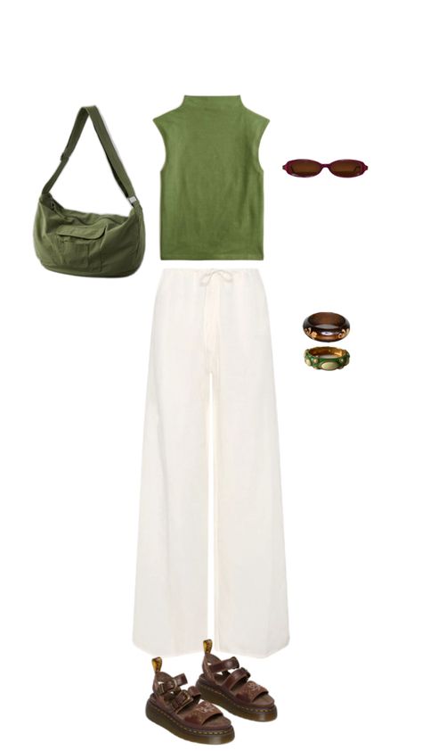 White Pants Outfit, Sleeveless Turtleneck Top, White Linen Pants, Pants Green, Sandals Brown, Sleeveless Turtleneck, Brown Sunglasses, Turtleneck Top, Turtle Neck Top