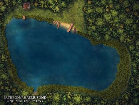 Dnd World Map, Building Map, Forest Camp, Fishing Lake, Fantasy Town, Dnd Classes, Tabletop Rpg Maps, Rpg Maps, Lake Map