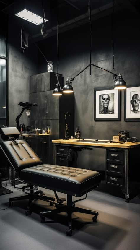 Tattoo Office Design, Industrial Tattoo Shop, Private Tattoo Studio Interior, Luxury Tattoo Studio, Tattoo Salon Design, Small Tattoo Studio Interior, Tattoo Room Studio, Tattoo Parlor Aesthetic, Tattoo Shop Design