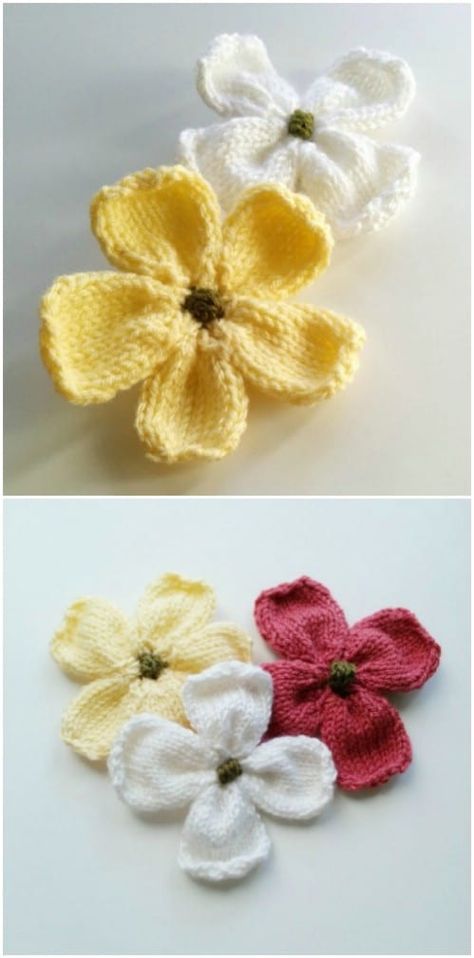 25 Gorgeous Knitted Christmas Gifts You Can Make In A Jiffy Free Knitted Flower Patterns, Knitted Flowers Free, Knitted Flower Pattern, Dogwood Blossoms, Crocheted Flowers, Knitted Flowers, Crochet Flower Patterns, Yarn Projects, Tutorial Video