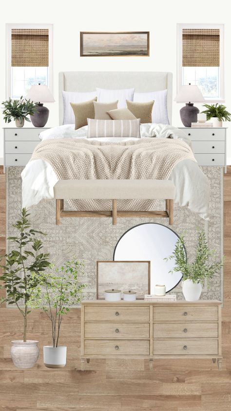 Modern Timeless Bedroom, Bedroom Cream Furniture, Traditional Transitional Bedroom, How To Match Bedroom Furniture, Mix Furniture Styles Bedroom, Mix Bedroom Furniture Ideas, Guest Bedroom Mood Board, Mixed Bedroom Furniture Ideas, Neutral Transitional Bedroom