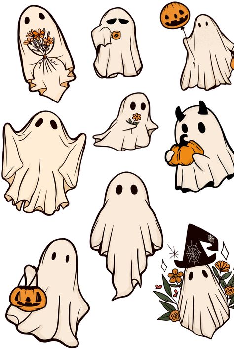 Pumpkin Ghost Drawing, Fall And Halloween Doodles, Fall Aesthetic Tattoo, Ghost With Pumpkin Drawing, Chibi Ghost Drawing, Cute Winter Images, Doodle Ghost Cute, Ghost Party Drawing, Free Halloween Printable Decor