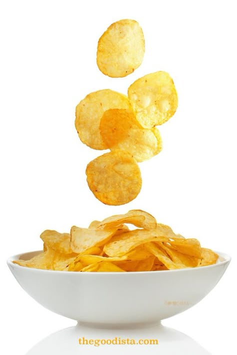 Food Cravings are common, and the unguided grazer will eat constantly. More on thegoodista.com. In this picture potato crisps are falling to show the grazers tendency to eat more than one. Food Craving Chart, Recipes Chili, Chip Packaging, Cake Pizza, Healthy Chips, Chip Bowl, Pizza Sandwich, Food Art Photography, Potato Crisps