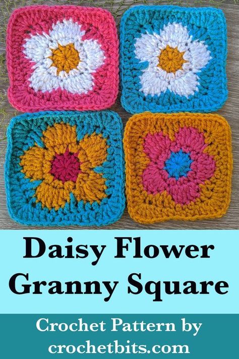 Learn how to crochet a daisy flower granny square by following this step-by-step tutorial. #dasiygrannysquare #flowergrannysquare #crochetflowersquare #crochetpattern #crochet #howtocrochet#crochetgrannysquare #grannysquare #crochetsquare #crochetgranny Daisy Flower Granny Square, Flower Granny Square Pattern, Crochet Flower Granny Square Pattern, Granny Square Pattern Free, A Daisy Flower, Motifs Granny Square, Crochet Granny Square Tutorial, Crochet Flower Squares, Flower Granny Square