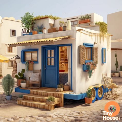 Tiny Mediterranean House, Mediterranean Tiny House, Mediterranean Bungalow, Cute Small Houses, Tiny House Rentals, Garage Plans With Loft, Cute Cottages, Tiny House Camper, Old School Bus