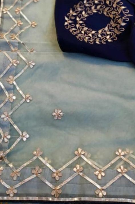 Blue Hand Gota Patti Organza Silk Saree - Luxurionworld Gota Patti Work Embroidery, Gota Patti Dupatta, Dupatta Designs Ideas, Duppattas Designs Ideas, Gotapatti Work, Embroidered Bookmarks, Velvet Gowns, Embroidered Ornaments, Embroidered Coasters