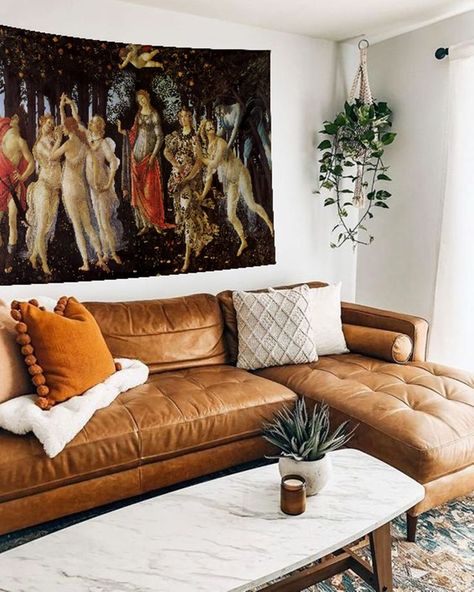 Botticelli Primavera, Bohemian Style Living Room, Modern Tapestry, Earthy Living Room, Modern Tapestries, Sandro Botticelli, Eclectic Living Room, Vintage Living Room, Bohemian Living Room