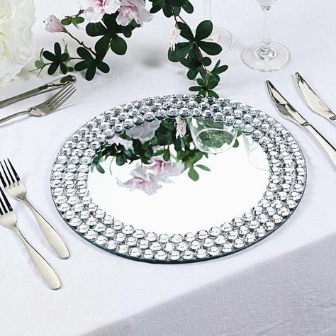 Set of 2 | 13" Round Silver Mirror Glass Charger Plates with Diamond Beaded Rim | eFavormart Round Silver Mirror, Silver Charger Plates, Wedding Dinnerware, Silver Chargers, Glass Charger Plates, Christmas Dining Table, Candle Displays, Formal Dinner, Silver Mirror