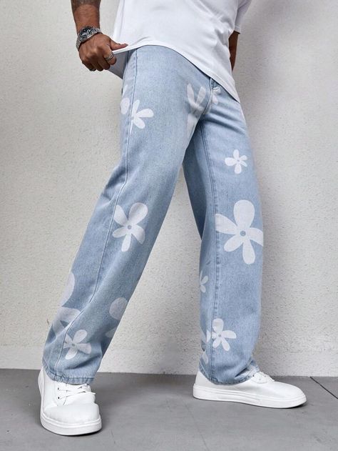 Men Jeans Design, Jeans Design Ideas Men, Shein Outfits For Men, Pants With Flowers, Graphic Jeans, Vest Jeans, Pant Design, Flower Pants, Jeans Claro