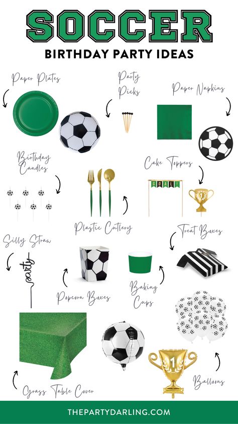 A collage of black and white soccer ball decorations mixed with green party supplies for party inspiration for a soccer birthday party. Soccer 1st Birthday Party, Football Team Birthday Party, Soccer Party Dessert Table, Elegant Soccer Party, Soccer Ball Theme Birthday Party, Soccer Theme Party Decorations, Soccer Party Ideas Decorations, Soccer Food Party, Soccer Team Birthday Party