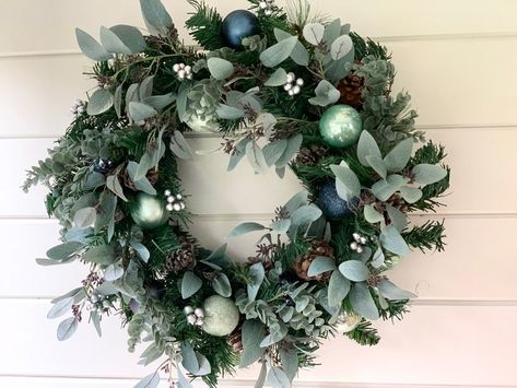 Faux Midnight Blue Christmas Door Wreath Artificial Spruce | Etsy Peach Wedding Flowers Bouquet, Bauble Wreath, Wreath Eucalyptus, Blue Baubles, Artificial Eucalyptus Garland, Christmas Door Wreath, Peach Wedding Flowers, Christmas Wreath For Front Door, Christmas Wreaths & Garlands