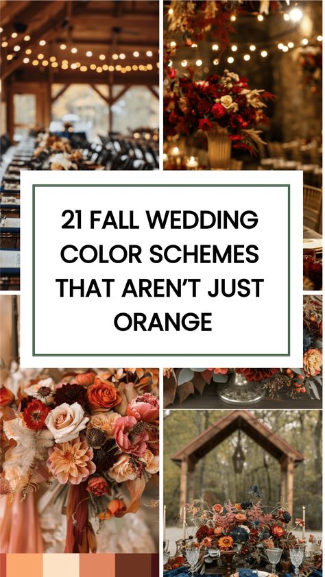 Fall weddings are a wonderful choice for many reasons. The weather is usually mild and comfortable, making it pleasant for both the couple and their guests. Check these 21 Fall Wedding Color Schemes for bouquets, aisles, flowers and more. Colors For A Fall Wedding, Autumn Colour Wedding Theme, Trending Fall Wedding Colors, Fall Earth Tones Wedding, Cool Wedding Color Schemes, Fall Wedding California, Best September Wedding Colors, Family Wedding Color Scheme, Fall Color Flowers Wedding