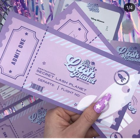 Ticket Design Aesthetic, Cute Ticket Design, Business Card Design Aesthetic, Art Shop Ideas, Purple Packaging Design, Beauty Business Cards Ideas, Ticket Graphic Design, Voucher Design Ideas, Ticket Design Ideas