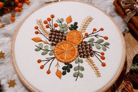 Types Of Embroidery Stitches, Orange Embroidery, Winter Embroidery, Cross Stitch Cushion, Juicy Orange, Santa Decorations, Hand Embroidery Kit, Pola Sulam, Types Of Embroidery