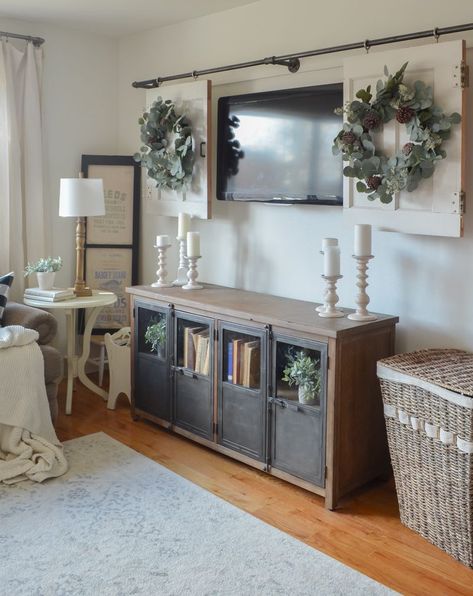 New Makeup, Skincare, Wreaths + More Farmhouse Living Room Tv Wall, Living Room Tv Wall Decor, Winter Living Room Decor, Winter Living Room, Flat Screen Tv, Trendy Living Rooms, Living Room Decor Ideas, Living Room Tv Wall, Entry Table