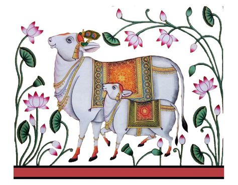 Kamdhenu Cow Painting, Painting Indian Art, Indian Traditional Paintings, Painting Indian, Mural Art Design, Gond Painting, Painting Study, Kalamkari Painting, Kerala Mural Painting