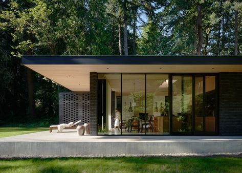 Rambler House, Outdoor Gathering Area, Washington Houses, Brick Siding, Clad Home, Concrete Fireplace, Black Brick, Residential Design, Ranch House