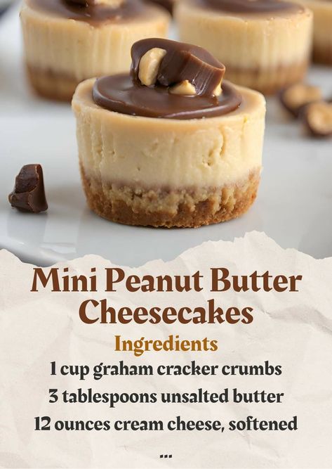 Peanut Butter Cheesecake Bars, Mini Peanut Butter Cups, Peanut Butter Cheesecake Recipes, Mini Cheesecake Recipes, Peanut Butter Cheesecake, Cheesecake Desserts, Cheesecake Bites, Cream Cheese Recipes, Mini Cheesecakes