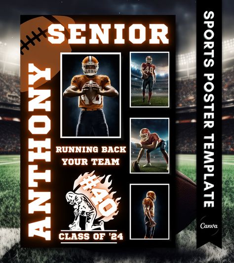 "Celebrate the achievements of your senior football player with this dynamic Football Senior Poster Canva template. Available in four sizes, this versatile template lets you personalize with four photos, the player's name, jersey number, position, and team name. Match the colors to your team's theme for a customized touch. Create a lasting keepsake effortlessly--personalize and order now for a memorable tribute to your senior athlete! ○ SPECIFICATIONS Template 1 (2:3 Ratio) for printing: 4x6\" | 8x12\" | 12x18\" | 16x24\" | 20x30\" | 24x36\" Template 2 (3:4 Ratio) for printing: 6x8\" | 9x12\" | 12x16\" | 15x20\" | 18x24\" Template 3 (4:5 Ratio) for printing: 4x5\" | 8x10\" | 12x15\" | 16x20\" | 24x30\" Template 4 (11:14 Ratio) for printing: 11x14\" ○ HOW TO 1. Tap \"Add to Cart\" and compl Senior Football Signs Poster Ideas, Football Posters Homecoming, Senior Night Boards Football, Football Senior Table Ideas, Football Senior Night Gift Baskets, Senior Night Poster Board Ideas Football, Football Senior Board, Senior Night Poster Ideas Football, Senior Football Locker Decorations